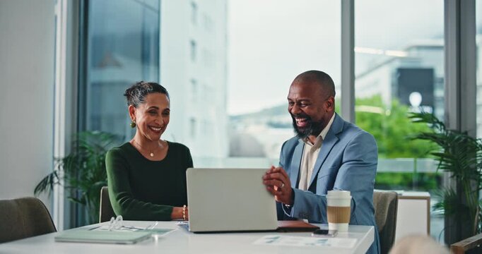 Meeting, laptop and handshake with business people in office for planning, teamwork and risk assessment. Life insurance partner, shaking hands and online liability report with employees in agency