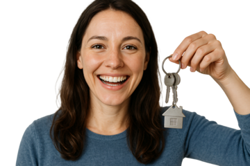 Smiling woman holding house keychain with keys. Home. Safety. Happiness.