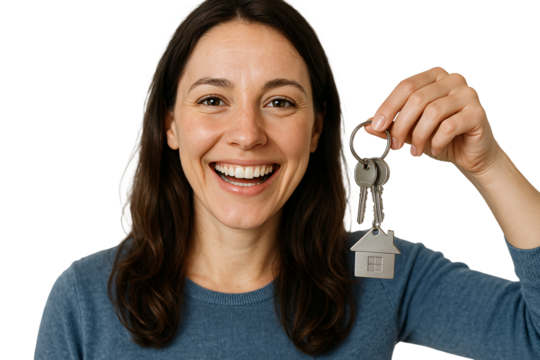 Smiling woman holding house keychain with keys. Home. Safety. Happiness.
