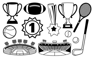 Sports icons and equipment illustrations for graphic design and web development projects including a stadium American football trophy and tennis racket