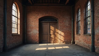 Sunlight streams through tall arched windows into empty old brick industrial building. Large wooden double doors stand central, casting shadows on dusty concrete floor. Architectural interior,