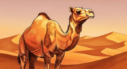 A Majestic Camel Stands Tall Amidst the Golden Desert Dunes Under a Warm Sky.