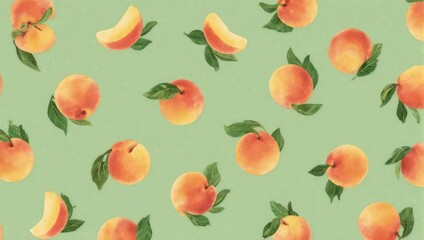 Watercolor illustration depicting a repeating pattern of ripe peaches and green leaves on a pale green backdrop