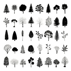 Large collection of diverse tree silhouettes isolated on a white background.