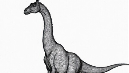 A stylized, wireframe illustration of a long-necked dinosaur, likely a Brachiosaurus, standing tall
