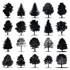 Fototapeta premium A diverse collection of black tree silhouettes on a white background.