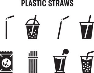 Illustration of plastic straws in various contexts depicting environmental concerns and disposal challenges