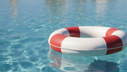 Naklejka premium A red and white life preserver floats serenely on the shimmering surface of crystal clear water