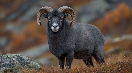 Fototapeta premium Majestic ram portrait with impressive horns in its natural autumn environment setting