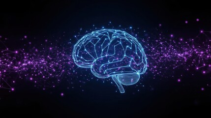 Illuminated brain outline with purple connected dots on a dark background representation of ai