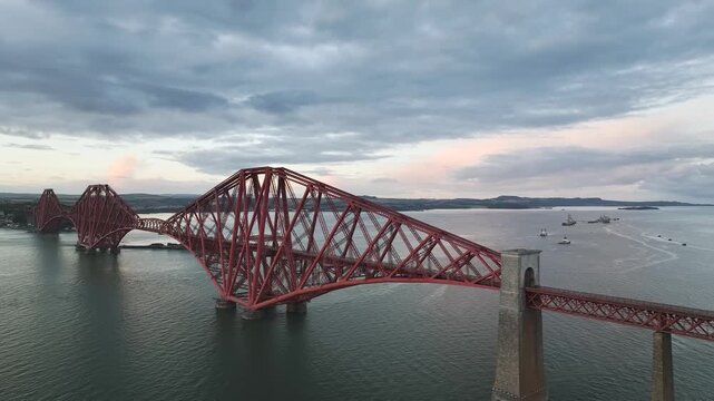 Forth Bridge from a drone, Queensferry Crossing, Forth Estuary, Scotland