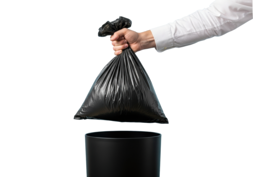Adult hand from white shirt cuff firmly grasping a full, heavy black plastic garbage bag, positioned above a sleek black trash can, bright studio, light blue backdrop. Concept of waste management and