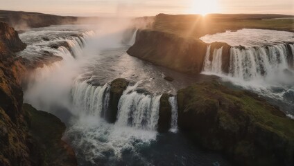 Fototapeta premium Wide aerial shot of a stunning cascade of water over rocky terrain at sunset
