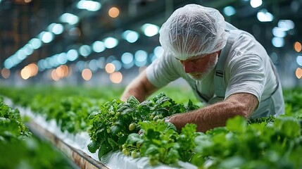 Mature farmer tending to hydroponically grown vegetables in a greenhouse environment