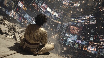 Meditative pose amidst the urban sprawl a contemplative moment of solitude in a futuristic