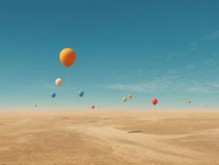 Colorful balloons floating above a dry desert landscape under clear blue sky