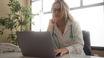 Blonde woman doctor in clinic examines laptop data wearing stethoscope, uniform, and glasses, seated in hospital office with indoor plant and medical equipment. - Powered by Adobe