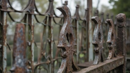 Rusty iron fence with decorative spear points in graveyard, daytime