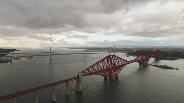 Forth Bridge from a drone, Queensferry Crossing, Forth Estuary, Scotland