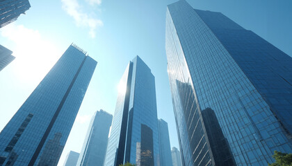 Tall modern office buildings against bright sky in urban setting  