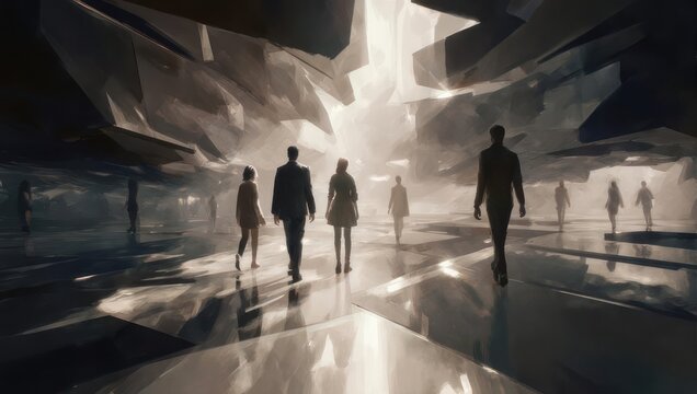 Abstract artwork depicting people walking through a futuristic, geometric, light-filled structure