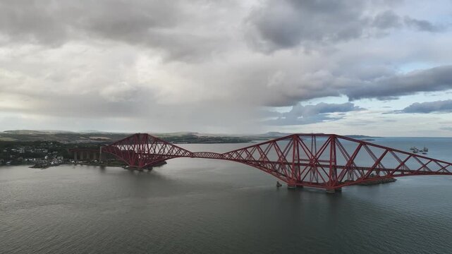 Forth Bridge from a drone, Queensferry Crossing, Forth Estuary, Scotland