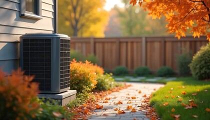 Modern heat pump unit stands outside suburban home in autumn. Backyard green grass, stone pathway, vibrant orange fall foliage, many fallen leaves. Provides efficient climate control system for