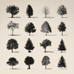 Fototapeta premium A diverse collection of sixteen different tree silhouettes arranged in a grid.
