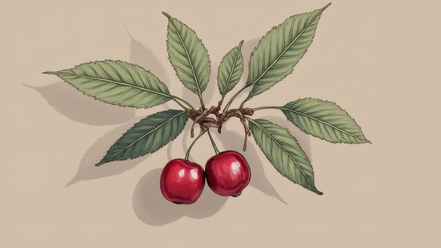 Two ripe red cherries hanging on a branch with fresh green leaves