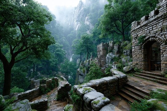 Misty Forest Path to Stone Castle Ruins and Waterfall
