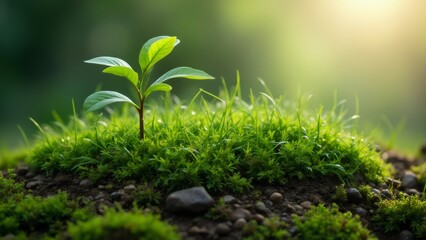 Young sprout in soil, sunlight, moss, growth, green, nature, earth, spring.
