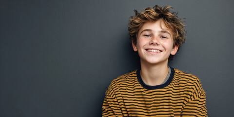 Wide portrait of smiling teenage boy with casual outfit, large copyspace background