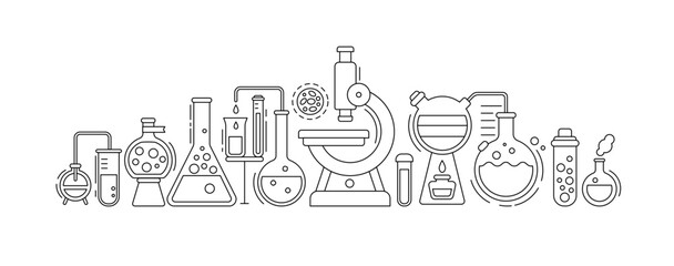 Medical laboratory icons with microscope, flasks and chemical research equipment. Outline banner of scientific lab with microscope, glass tube, beaker, molekule and cell, vector illustration