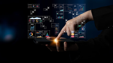 A big data visualization and business analytics dashboard grid. A complex collection of charts and graphs for comprehensive company reporting. Motif