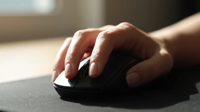 Close-up of a person's hand using a wireless computer mouse on a desk, illustrating digital navigation, office work, and online browsing