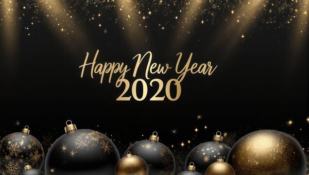 Festive New Year greeting with gold text, ornaments, and falling golden sparkles on black