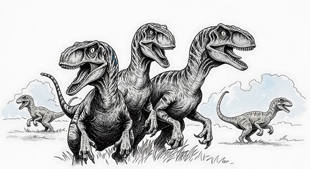 A group of velociraptors in a prehistoric landscape.
