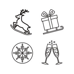 Four christmas icons featuring reindeer gift boxes snowflake and champagne glasses isolated on transparent background