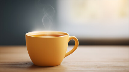 Obraz premium Yellow coffee cup with steam on wooden table in soft light, concept of morning routine, warmth, and comfort at home.