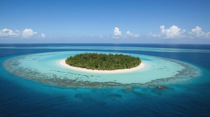 Aerial view of a tropical island with lush green trees surrounded by turquoise water and a white sand beach