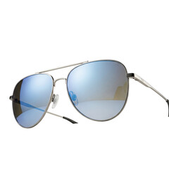 Modern aviator sunglasses with mirrored lenses reflecting sky and clouds illustration