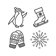 Four simple line art christmas icons penguin snowflake stocking hat festive elements isolated on transparent background