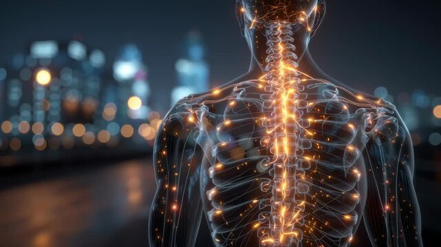 Human nervous system and spine anatomy with glowing vertebrae and nerves in medical visualization concept.