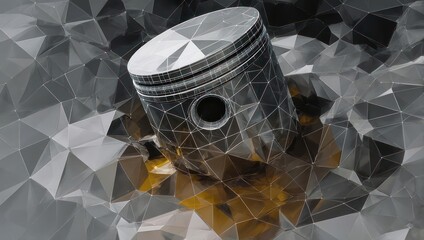Abstract 3D render of a metallic engine piston on a textured, polygonal surface