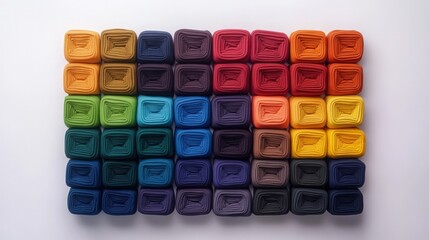 Rolled bundles of various colored fabrics arranged in grid pattern, creating spectrum of hues