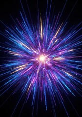 Fototapeta premium A blast of radiating crystals in blue purple and gold extending from a central light source on a void space