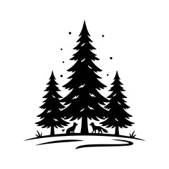 Obraz premium Winter snow activities vector art of pine tree forest with foxes in silhouette