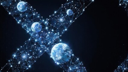 Abstract image of planets linked by glowing lines in a dark, starry space, forming an X shape