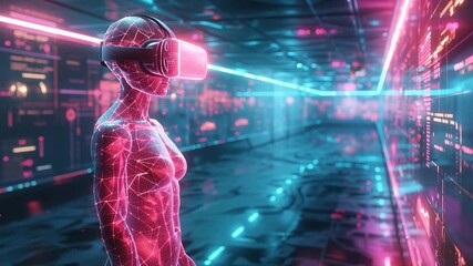 Futuristic woman in vr headset immersed in a neonlit digital world with data streams and futuristic cityscape, representing virtual reality 4k video - Powered by Adobe