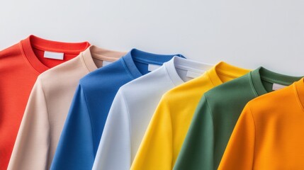 Row of various basic colored long sleeve shirts neatly arranged on white background, copy space